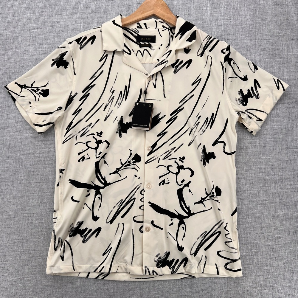 Porter & Ash Abstract Kinetic Stretch Button Shirt Men S Cream Black Resort NWT